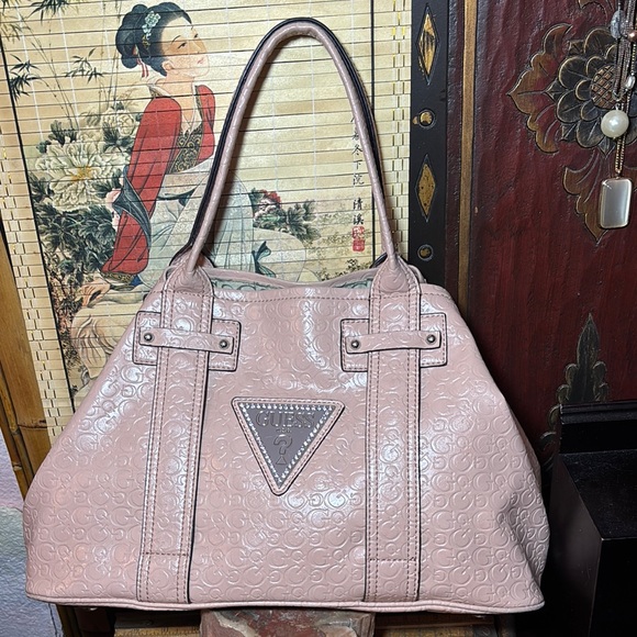 GUESS Soft Dusty Pink Tote Bag Silver Triangle Rhinestones 15.5”Lx9.5”Hx6.5”W - Picture 7 of 17